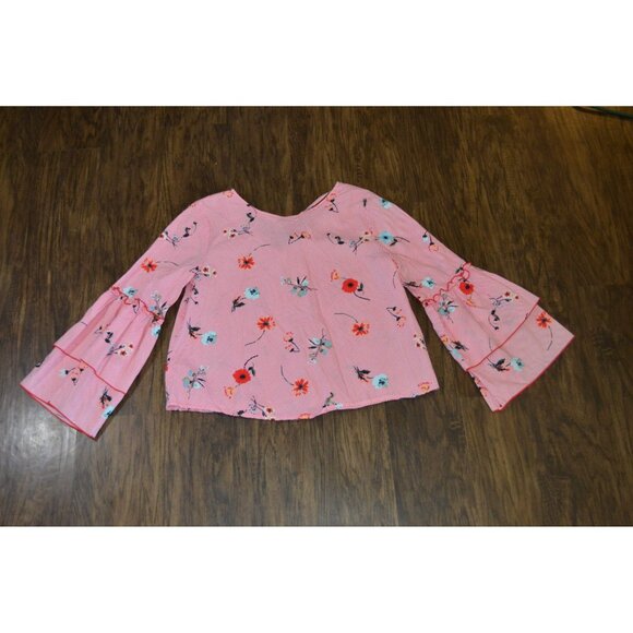 Loft Outlet Petite Red Striped Floral Blouse Bell Sleeve Women Sz Small Top READ - Picture 1 of 7
